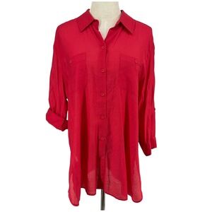 Chicos Holiday Red semisheer Button Front Roll Tab Sleeve Shirt Tunic Sz 2 Us 12